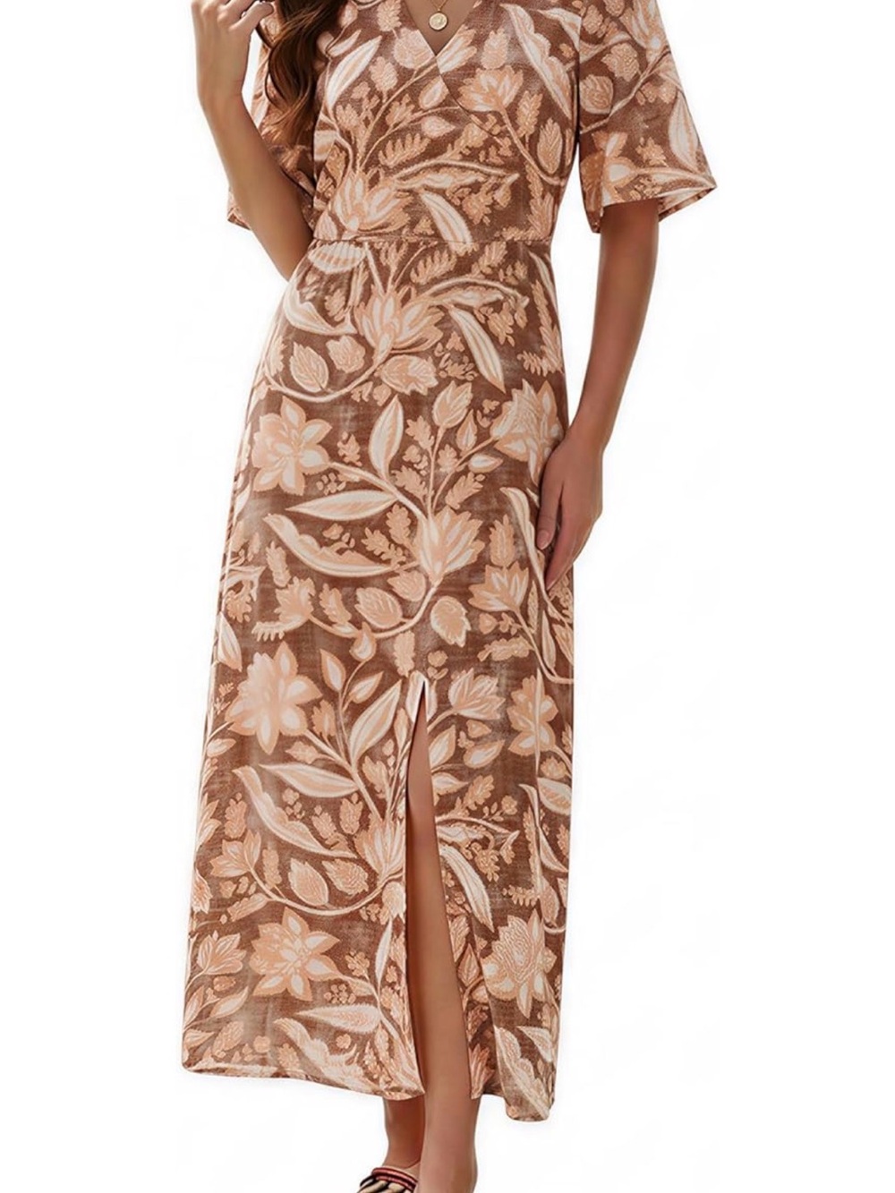Floral V-Neck Maxi Dress in Brown and Cream